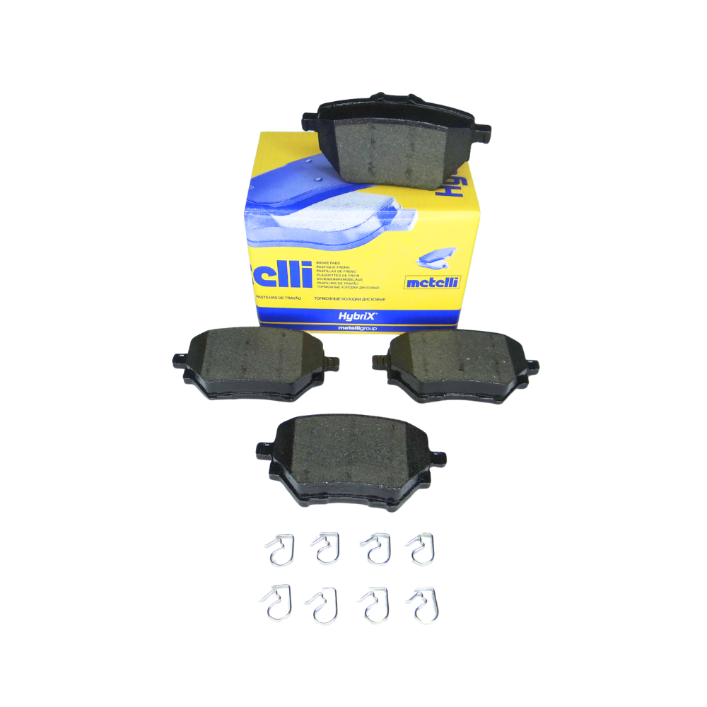 Juego de pastillas de freno traseras Metelli para modelos Peugeot y Citroen, incluye 4 pastillas y accesorios.