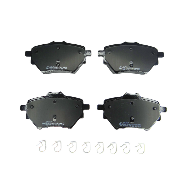 Juego de pastillas de freno traseras Metelli para Peugeot y Citroen, incluye cuatro piezas y ganchos.